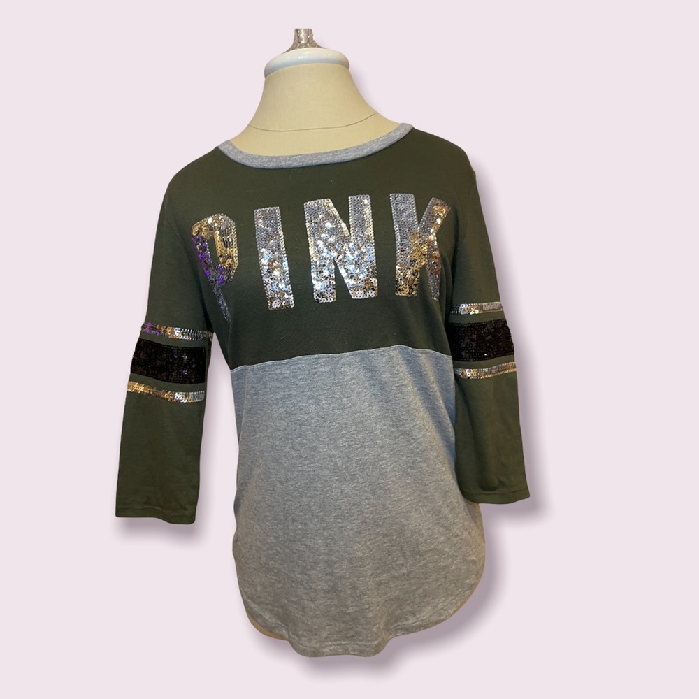 PINK sequin logo army green/gray long sleeve tee
